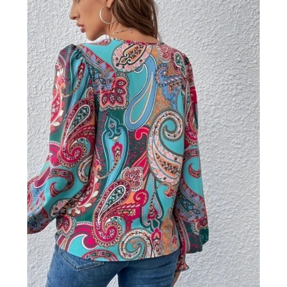 Shein Teal paisley crossover long sleeve blouse balloon sleeves vibrant classy L